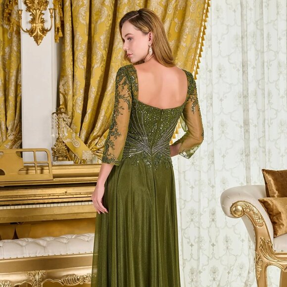 New Olive Beads Embellished A-Line Maxi Mesh Mother Of Bride Dress GL3787 - Picture 10 of 14